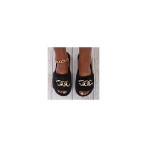 Women's Black Faux Fur Soft Fuzzy Slippers With Gold Tone Chain Accent